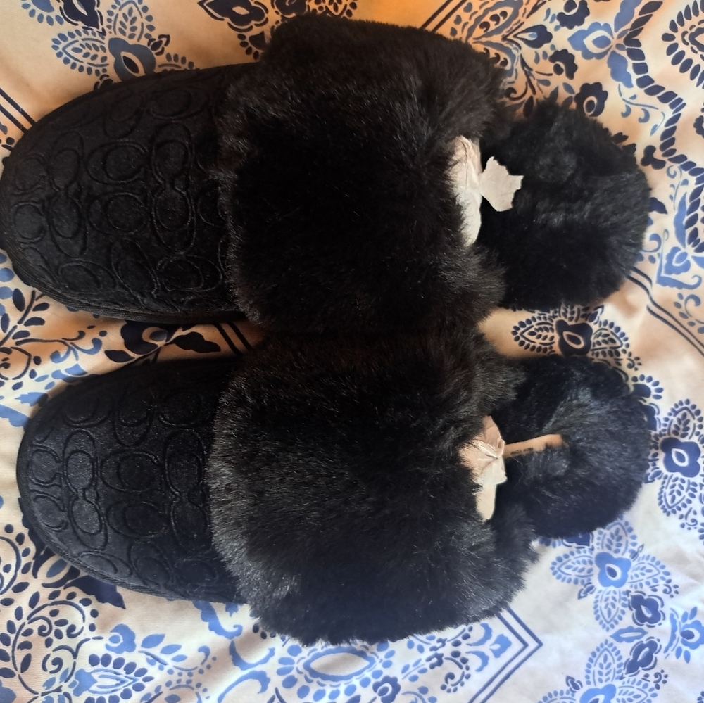 Coach Faux Fur Slippers Black US size 9 Brand New